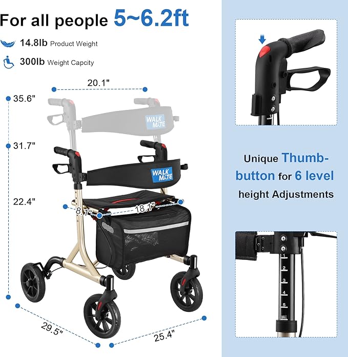 WALK MATE Rollator Walker for Seniors with Cup Holder, Upgraded Thumb Press Button for Height Adjustment, 4 x 8 Wheels Walker with Seat Padded Backrest Folding Lightweight Walking Aid, Gold