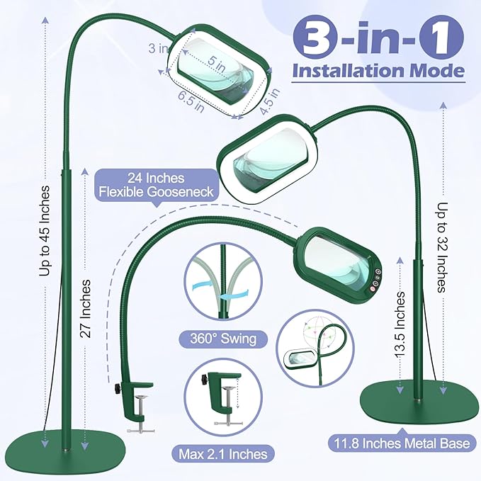 Drdefi 10X Rectangular Real Glass Magnifying Glass with Light and Stand, 24" Flexible Gooseneck Floor Lamp, 5 Color Modes Stepless Dimmable, 3-in-1 Lighted Magnifier Light Hands Free for Reading Green