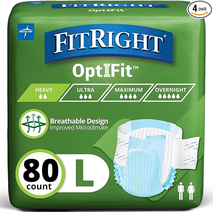 FitRight OptiFit Extra Adult Briefs, Incontinence Diapers with Tabs, Moderate Absorbency, Large, 44 to 56", 20 Count (Pack of 4)