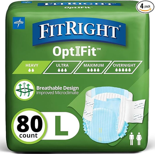 FitRight OptiFit Extra Adult Briefs, Incontinence Diapers with Tabs, Moderate Absorbency, Large, 44 to 56", 20 Count (Pack of 4)
