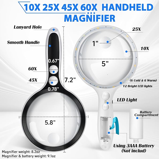 Large Magnifying Glass with Lights,10X 25X 45X 60X Lighted Magnifier | 5-inch Page Magnifier LED Lights,Handheld Magnifying Glass for Reading Small Prints & Low Vision Seniors with Aging Eyes