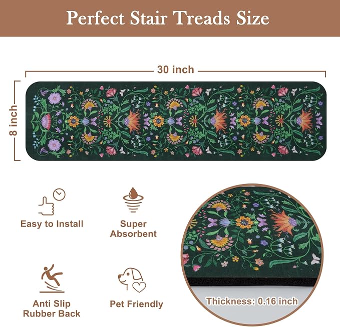 OJIA Stair Treads Non Slip Stair Runner for Wooden Steps Indoor 15PC 8"x30" | Rubber Backing Floral Carpet Stair Treads for Wood Stairs Staircase Step Treads for Kids & Dogs, Stair Covers, Green