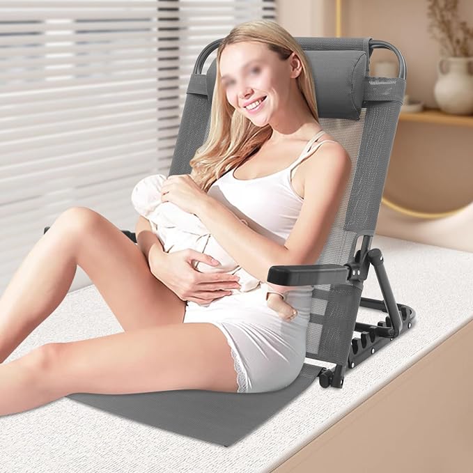 Adjustable Lifting Bed Backrest with Armrests 8-Position Adjustable, 330LBS Load Bed Back Support Chair for Reading Sleeping Watching TV, Portable Folding Floor for Elderly or Patients (Grey)