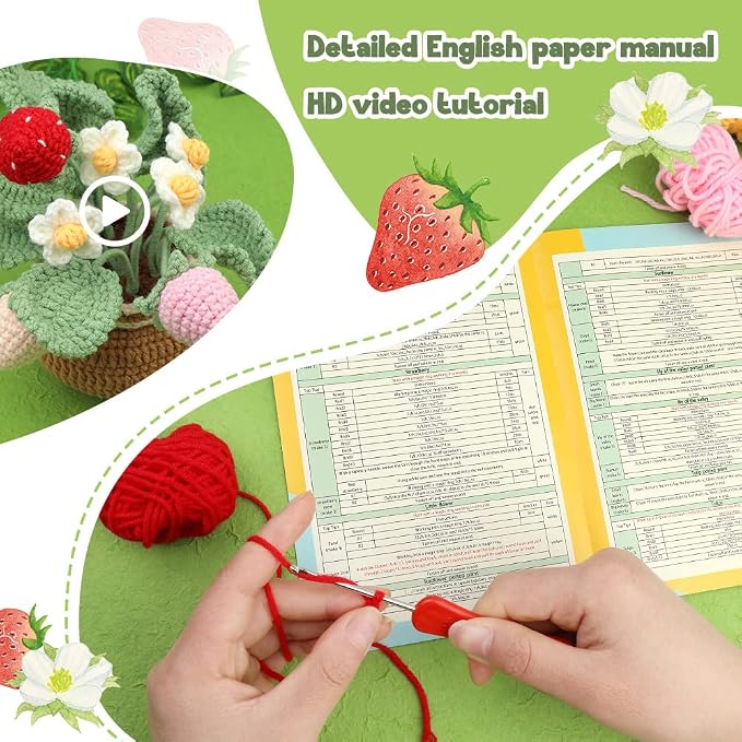 kgxulr Crochet Kit, Strawberry Beginner Crochet Kit for Adult, Knitting Kit | Crochet Kit for Beginners, Crochet Flower Kit, Beginner Crochet Kit for Adults with Step-by-Step Video Tutorials