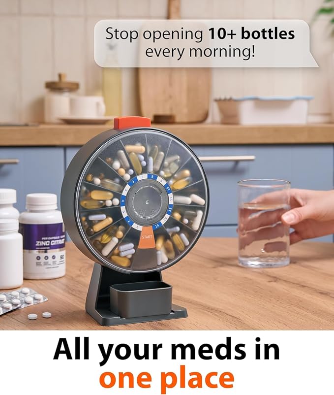 Pill Dispenser 14 Day – Rotating Medicine Organizer Wheel with Push Button | Wall Mounted or Desktop Manual Pill Dispenser for Elderly & Seniors, Large Capacity Vitamin & Medication Organizer