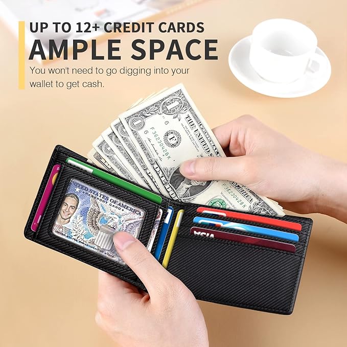 RUNBOX Wallet for Men, Slim Leather Bifold, RFID Blocking Card Holder | Minimalist Front Pocket Design, Credit Card Organizer, Holds 11 Cards, Large Capacity, Thin Profile, Birthday Gifts for Men