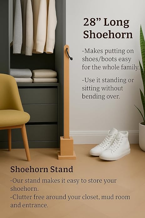 Shoe Horn Long Handle with Stand, Long Handle Hard Wood Shoehorn 28 IN (70 CM) with Stand, Extra Long Shoe Horn for Seniors, Men, Women, and Kids.