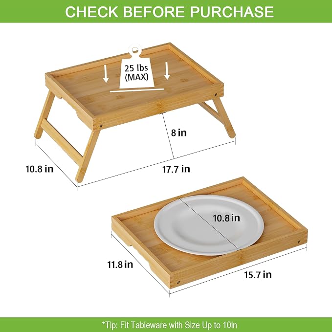 Youpehom Bamboo Bed Tray Tables with Folding Legs, Medium, 2-Pack, Bamboo | Two bamboo bed trays with folding legs and handles for meals, laptops, reading and serving in bed or on a sofa.