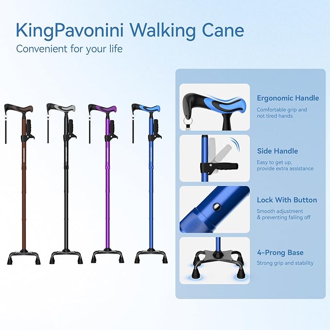 KingPavonini Walking Cane for Women/Men with Second Handle, Foldable & Adjustable Quad Cane with 4-Pronged Base for Standing, Lightweight Walking Aid for Seniors & Adults
