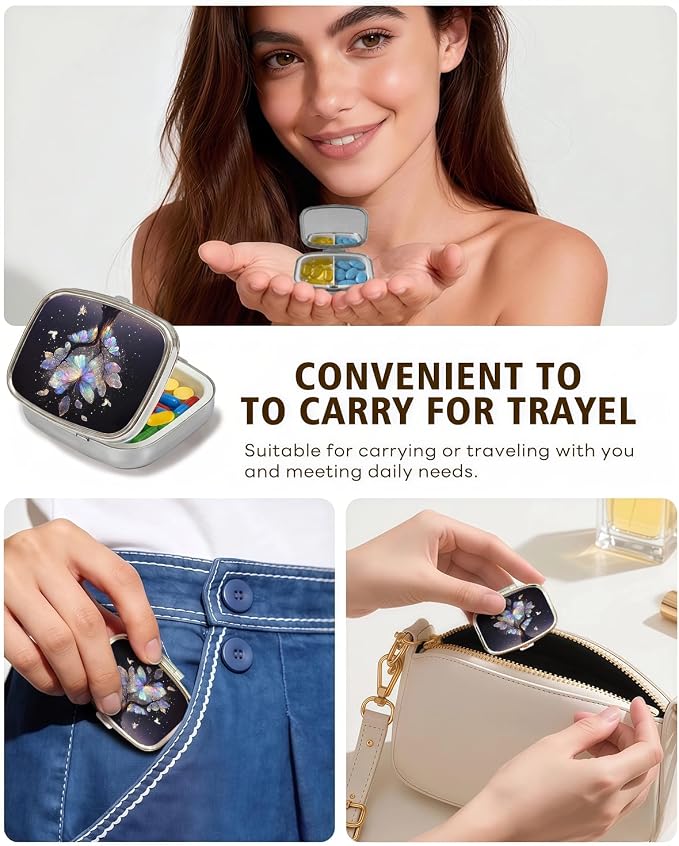 LRITER Pill Case, 2 Compartment Portable Small Travel Pill Organizer for Purse and Pocket, Stylish Medicine Case with Multiple Patterns, Daily Pillbox for Home & Travel (Butterfly Tree)