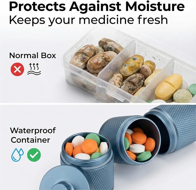 Waterproof Keychain Pill Holder - 3-Compartment, Blue | Anodized aluminum with a keyring. 3 detachable layers. Pocket-sized, rustproof EDC pill container
