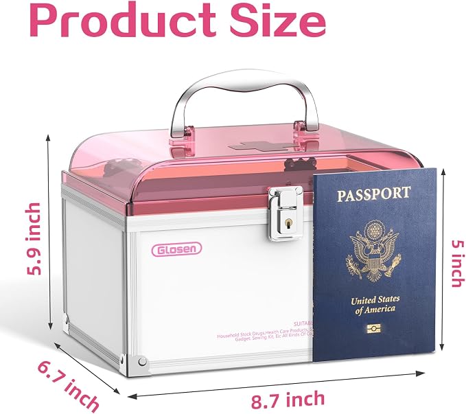 Glosen Medicine Lock Box With Key,pink,8.46 * 5.87 * 5.51 Inch,locked Medicine Box with Child Safe Lock