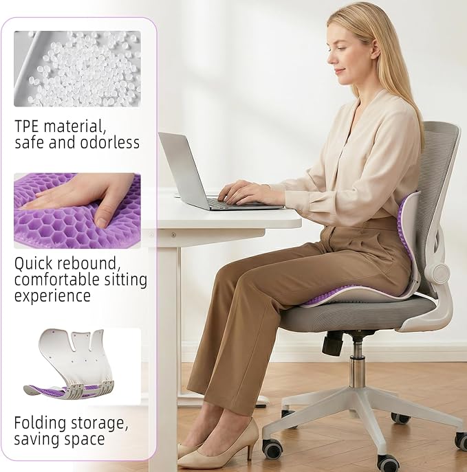 Ergonomic Gel Back Support for Office Chair - Folding Lumbar Support Posture Corrector,Portable Chair Back Rest Support for Floor Seat, Perfect for Home, Work, Vehicle,Purple