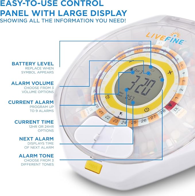 LiveFine Bluetooth Pill Dispenser, 9 Dosage Rings, 28-Day, Frosted Lid | Free app control with sound and light alerts, secure key lock, quick-press latch - trusted by seniors, arthritis sufferers.