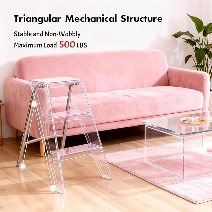 Acrylic 3 Step Ladder Folding Step Stool for Adults Foldable Small Step Stool Ladder for Kitchen Plastic Stepladder Modern Collapsible Ladder for Closet Home Bathroom Indoor (Transparent)