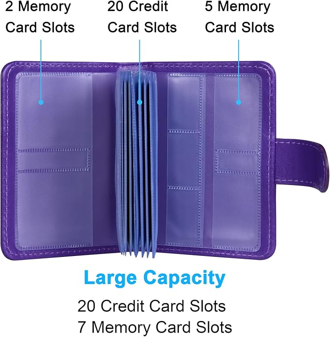 Wisdompro Credit Card Holder, RFID Blocking Wallet Debit Card Protector | Slim Leather Credit Card Organizer Case, Card Case with Magnetic Closure, 20 Card & 7 Memory Card Slots - Vertical Purple