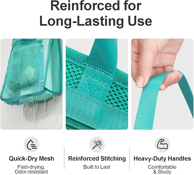 Small Mesh Shower Caddy Portable - Zipper Gym Travel Shower Bag, Mint Green | 3 Pockets, Quick-Dry Mesh, S-Hook, Hanging Shower Caddy for Toiletry Essentials, Bathroom & Camping
