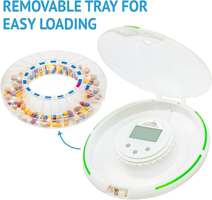 LiveFine Automatic Pill Dispenser, 28-Day, 9 Dosage Rings, 30-Min Alarms | Portable, battery-powered organizer for prescriptions and vitamins - locks with a manual key for safe travel