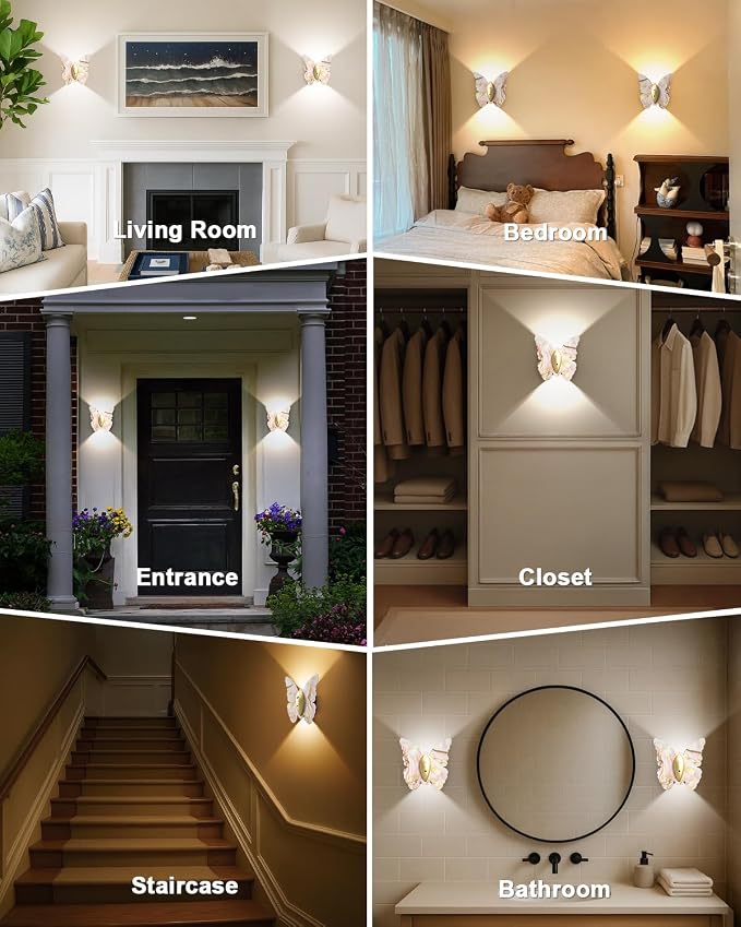Eneru Motion Sensor Wall Sconce Set of 2, Rechargeable Wall Lights, Indoor | 5000mAh Battery Operated Wall Sconces, Magnetic Butterfly Motion Night Light for Hallway Stair Closet Pantry, Pink & Gold