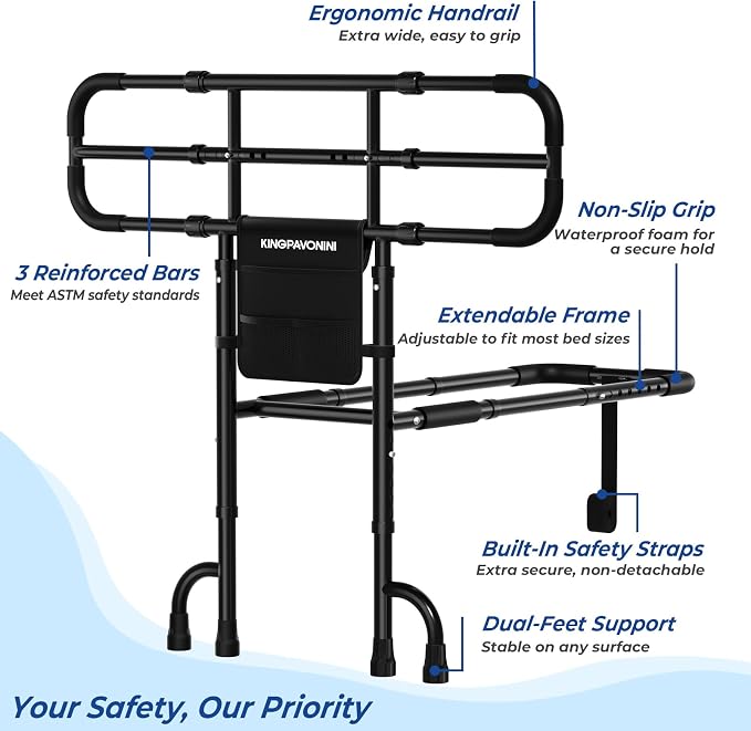 KingPavonini Bed Rail with Ultra-Wide Extendable Handle, 400 LB, Model GL05 | ASTM-Approved, Bed Rails for Elderly Adults Safety, 4-Point Dual Support, Tool-Free Bed Rails for Seniors & Post Surgery