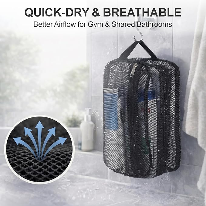 Mesh Shower Caddy Portable with Zipper - Toiletry Shower Bag for travel Gym | 2 Pockets, Quick-Dry Mesh, S-Hook, Small Hanging Shower Caddy for Toiletry Essentials, Bathroom & Camping, Black