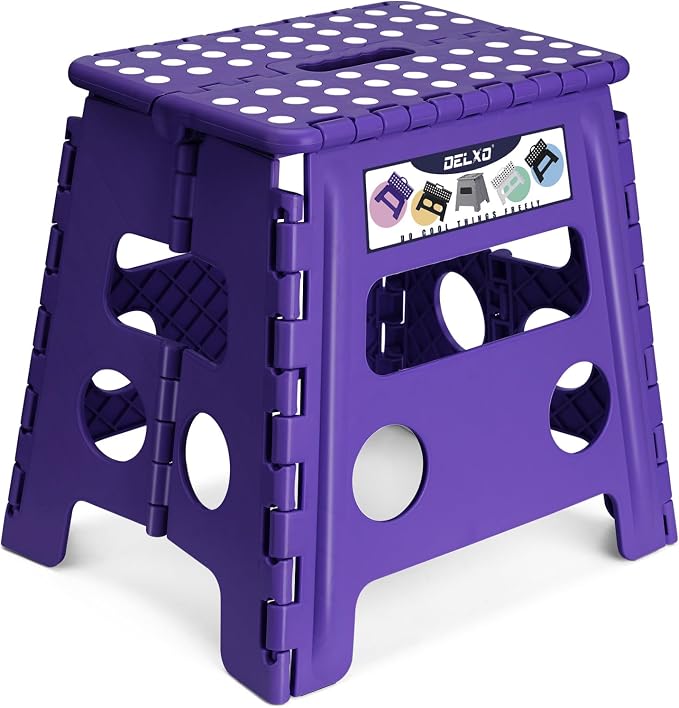 Delxo Folding Step Stool, 13 inch Non-Slip Foldable Stools Up to 300 LBS, Step Stool with Handle, Lightweight for Kitchen, Bathroom, Bedroom, Garden, Purple, 1PC