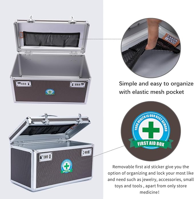 Lockable Medication Box with Portable Storage Case, Childproof Medicine Lock Organizer, Locked Empty First Aid Storage Case (Coffee/Large)