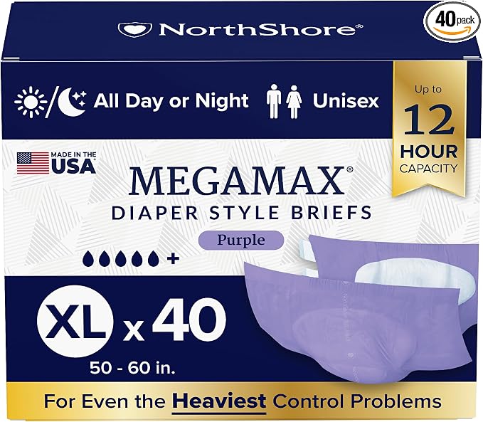 NorthShore MegaMax Made in USA 12-Hour HBL Adult Diapers for Heavy Bladder Leaks, X-Large, 40 Count, Purple, 50-60 inches, Tab-Style Incontinence Underwear for Men, Women & Teens