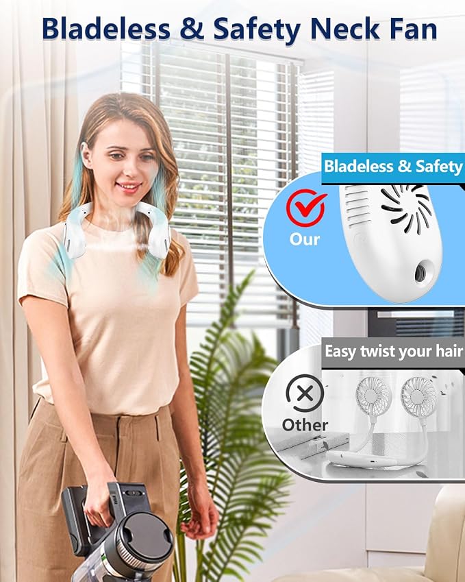 Portable Neck Fans with Mist, Rechargeable 4-9H Lasting Neck Cooling that Blow Cold Air, 5 Speeds & LED display, USB-C Bladeless Folding Personal Mister for Kid Adult Indoor Outdoors Sports, White