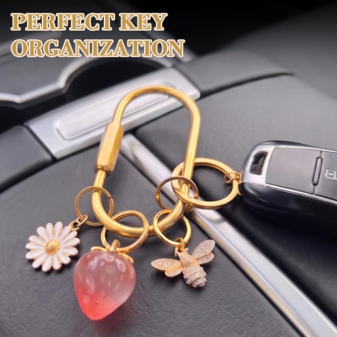 senbowe 9 Pack Gold Brass Key Rings, Carabiner KeyChain Clip with 10 O-Rings, Screw Lock Keys Organizer, Purse Bag Charms