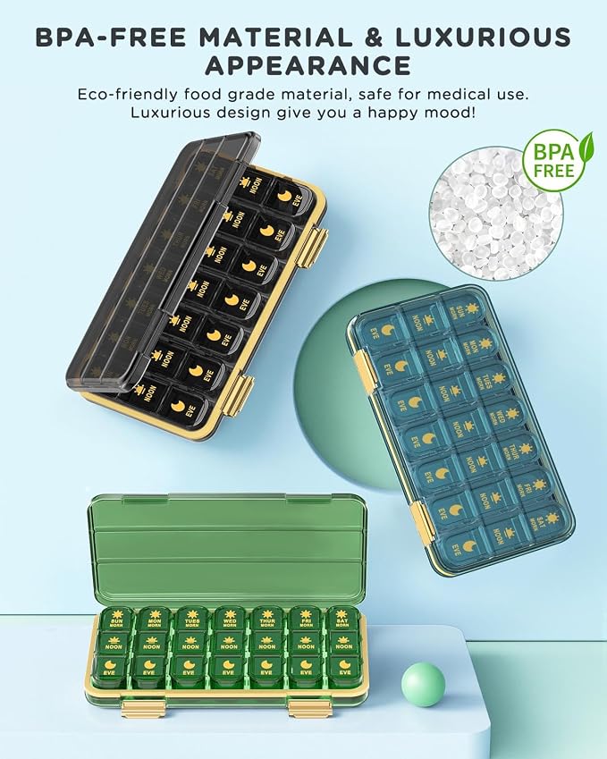 Acedada Weekly Pill Organizer 3 Times A Day, Large 7 Day Pill Box 3X A Day, Portable Medicine Container with 21 Compartments, Daily Travel Pill Case for Vitamins Supplements Fish Oils, Black