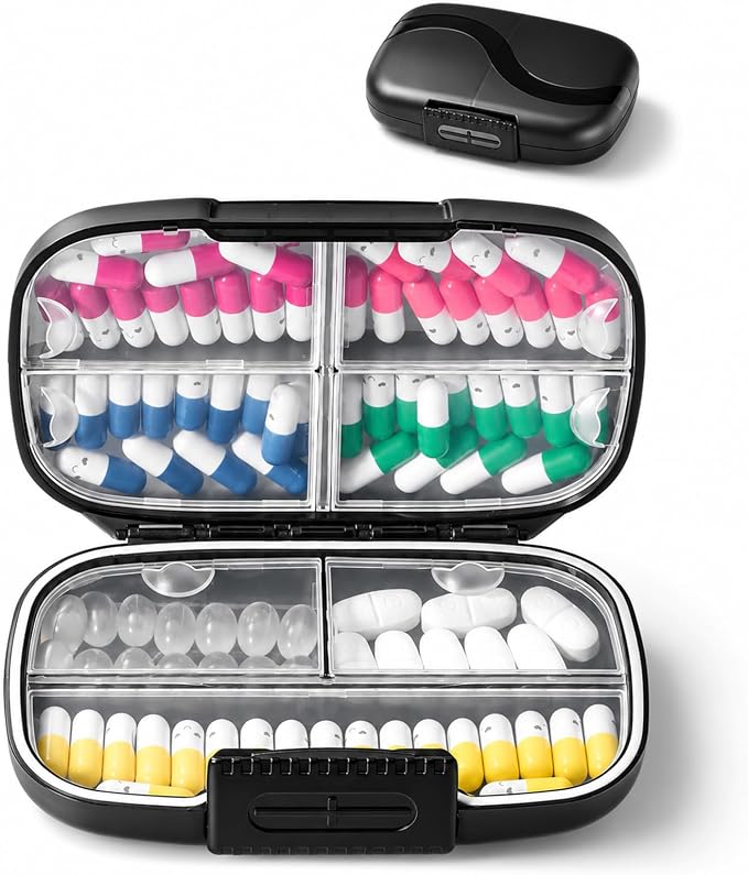 Large Pill Organizer for Purse 7 Day Vitamin Box Travel Case for Fish Oil | Black Pill Container with Label,Double Lock,Water-proof Medicine Holder,Portable for Daily Supplements & Small Accessories