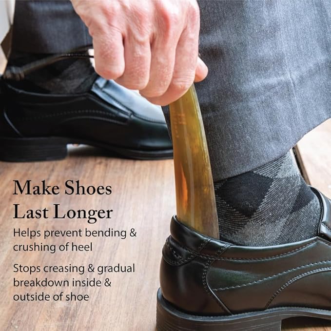 FootFitter Natural Bull Horn Shoe Horn with Leather Loop, Smooth Polished Shoe Assist Tool for Easy Slip-On Low Collar Shoes