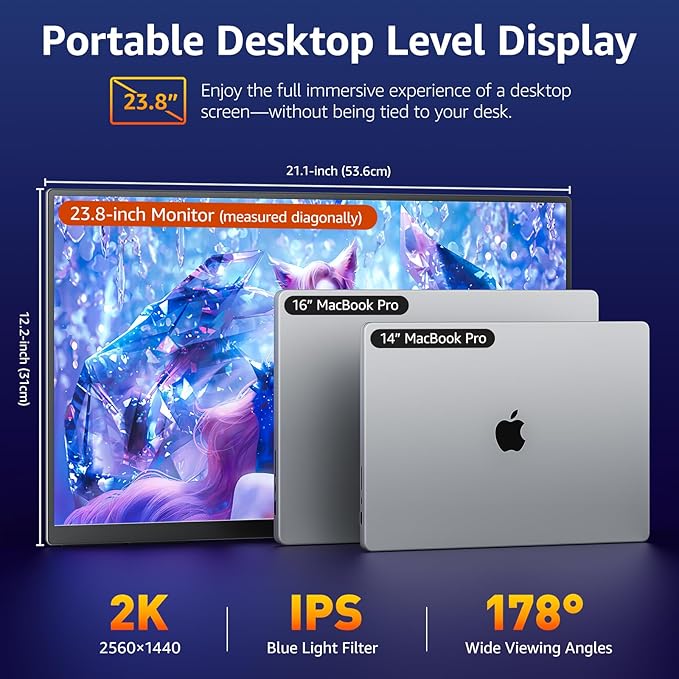 VisionOwl Large Portable Monitor 23.8-Inch 2K QHD 180Hz Refresh Rate Laptop Monitor, 130% sRGB, IPS Panel, USB-C & HDMI for Laptop, PC, Mac, PS5, Xbox, Built-in Kickstand, Speakers, VESA Mountable