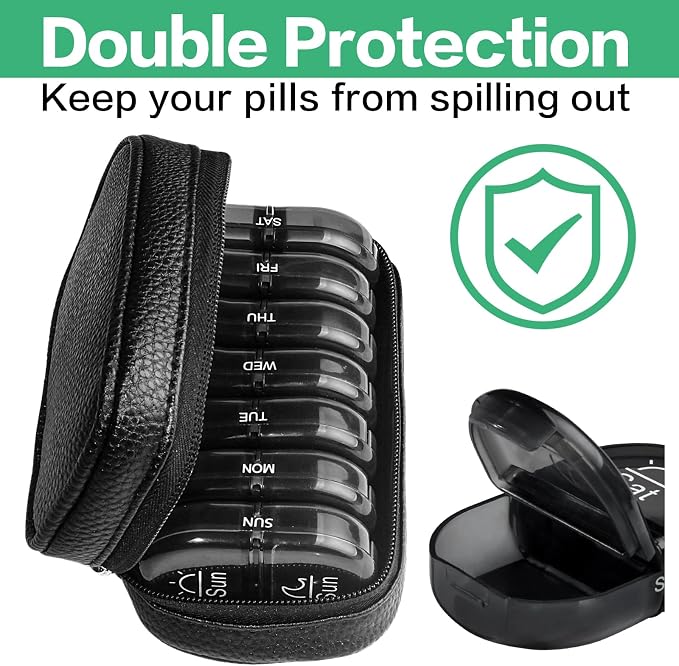Serfeymi Weekly Travel Pill Organizer 2 Times A Day AM PM Upgraded Black Pill Box 7 Day with Portable Zipper PU Leather Pill Case, Medicine Organizer for Pills, Vitamins, Fish Oils - Black 01