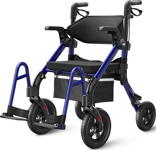 VOCIC Walkers for Seniors, Z55 2 in 1 Walker Wheelchair Combo, No-Bend Footrest, Rollator with 10" All Terrain Big Wheels, Transport Wheelchair Foldable, Rollator with Seat & Brakes, Storage Bag