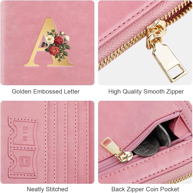 Passport Holder for Travel Personalized Wallet with Wristlet Women | All-in-One Passport Cover, RFID Blocking, Back Coin Pocket, Paper Money Slot, Zipper Closure, Roses Initial Letter, Pink A