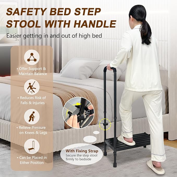 KAAMOS Bedside Step Stool with Handrail for Elderly, Medical Foot Step Stool with Handle to Get in Bed, Adults Bed Steps for High Beds, Heavy Duty Adjustable Stepping Stool Handicap Step for Bedroom