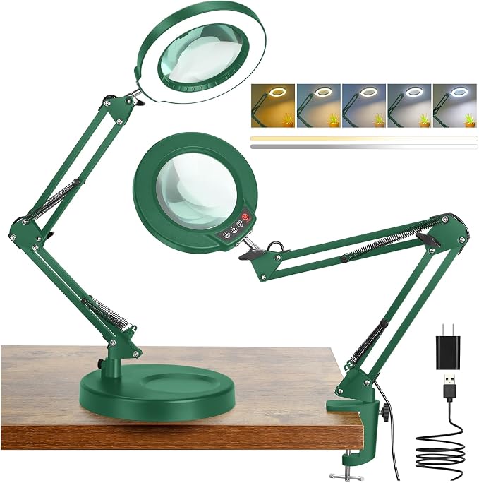 12X Magnifying Glass with Light and Stand, 5 Color Modes Stepless Dimmable 2-in-1 Lighted Magnifier with Clamp, LED Desk Lamp Hands Free for Crafts Hobby Reading Painting Sewing Close Work Green