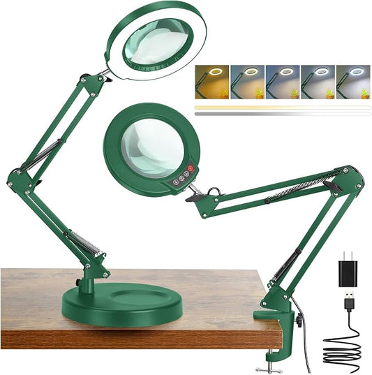 12X Magnifying Glass with Light and Stand, 5 Color Modes Stepless Dimmable 2-in-1 Lighted Magnifier with Clamp, LED Desk Lamp Hands Free for Crafts Hobby Reading Painting Sewing Close Work Green