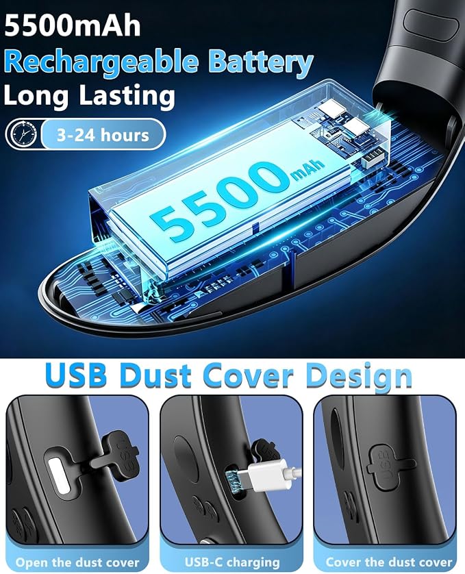 Neck Fan with Cooling Plate-35dB Quiet Powerful fans that blow cold air-5 Speed&Power LED Display-24H USB 5500mAh Bladeless Wearable Personal AC Cooler for Women,Men,Kids,Travel,Outside,Indoor Black