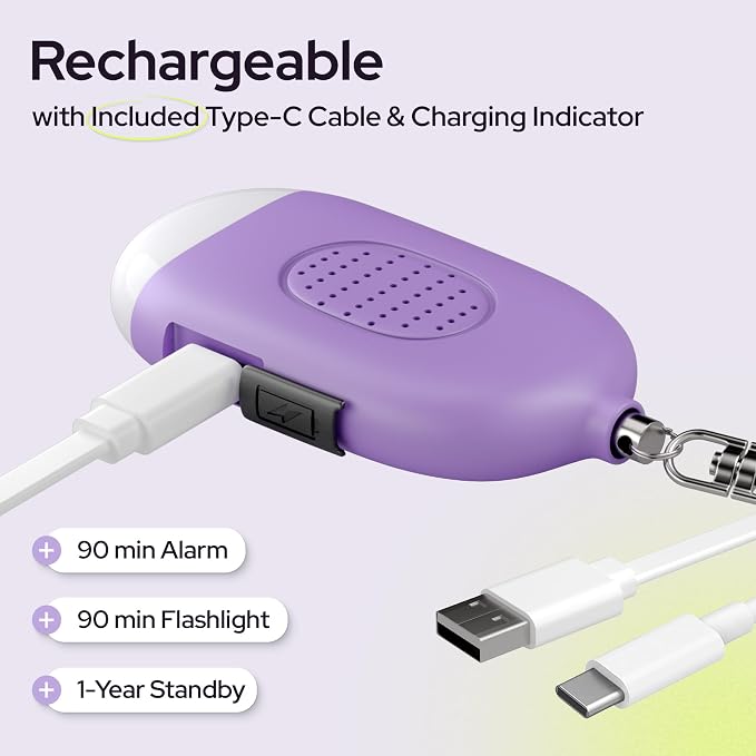 Weten Rechargeable Personal Alarm Keychain - 130dB Siren & LED Light - Stylish Personal Safety Alert for Women to Carry - Panic Button Alarm for Security - Rape Whistle for Self Defense (Purple)
