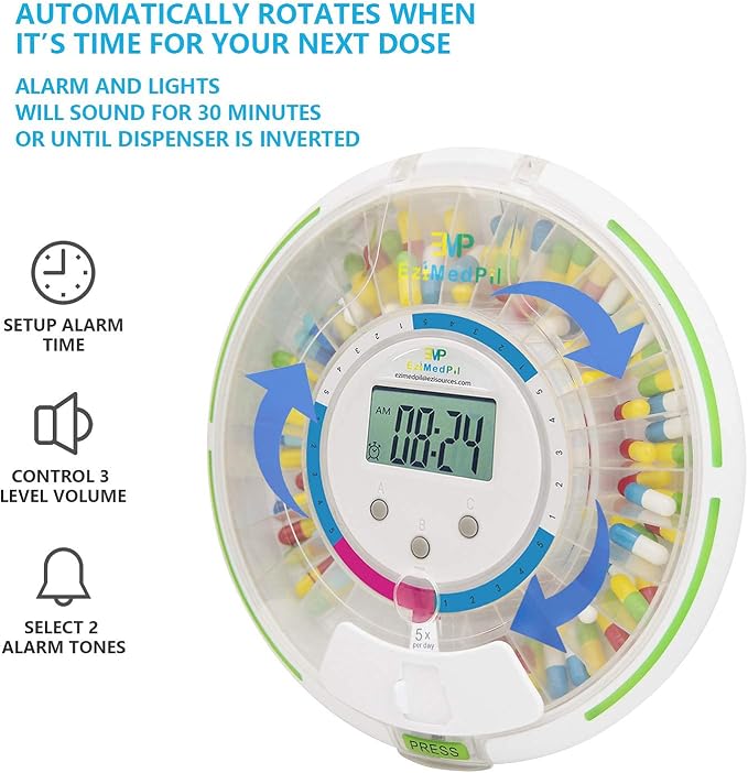 EziMedPil Automatic Pill Dispenser with Alarm for the Elderly | 28-Day Clear Lid & LCD Display Monitoring Pill Organizer with Sound-Light Reminders, 6 Daily Alarms & Lock Design for Pills