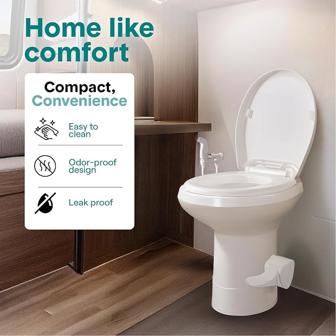 SereneLife RV Toilet - Small Camp Toilet with Foot Pedal and a Hand Sprayer, Leak-Proof, Odorless, Soft-Close Lid, Compact Water-Saving Design, Quick Installation, Perfect for RVs, Trailers, and Boats