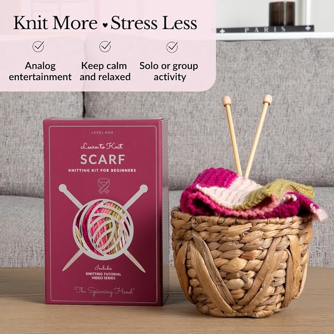 The Spinning Hand Knitting Kit for Beginners Adults – Educator-Designed, Self-Striping Wool Yarn, Bamboo Needles & Video Tutorials (Dragonfruit)