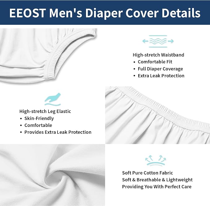 Adult Diaper Cover for Incontinence Noiseless Leak-Protection Underwear Plastic Pants Over Diapers Waterproof Rubber Pants (White, 4XL(Men Size))