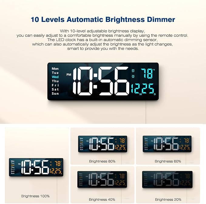 Abovsare 16.2 Inch Large Display Wall Clocks, LED Digital Clock with Remote Control for Living Room Decor, Automatic Brightness Dimmer Clock with Date Week Temperature (Blue)