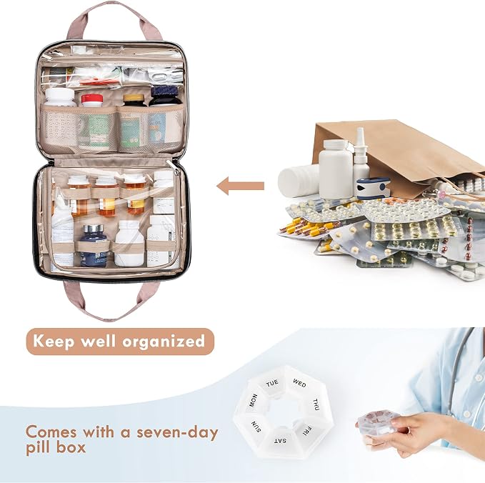 BAGSFY Medicine Bag for Traveling, Pill Bottle Organizer Storage, Large Medication Travel Case, Pills Box for Vitamin, First Aid Kit Bags Empty. (Comes with Weekly Pill Organizer)