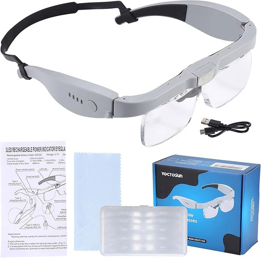 YOCTOSUN Magnifying Glasses with Light, Head Magnifier Glasses with 5 Detachable Lenses 0.75X-4.0X and 3 LED Lights, Rechargeable Hands Free Eyeglasses Magnifier for Close Work Jewelry Crafts Hobby