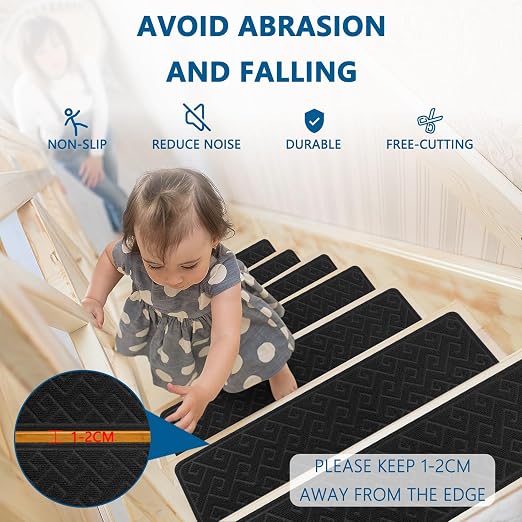 KOOTETA Stair Treads for Wooden Steps Indoor, 15 Pack 8"" X 30"" Non Slip Carpet Stair Treads with Reusable Adhesive for Kids Elders and Dogs, Surface Polyester TPR Backing Stair Rugs, Black-n
